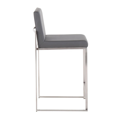 LumiSource Fuji High Back Counter Stool Set of 2 | Contemporary Brushed Stainless Steel and Grey PU | Kitchen Island | Model B26-FUJIHBSSGY2