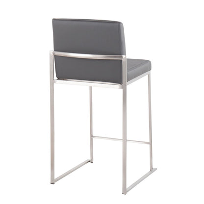 LumiSource Fuji High Back Counter Stool Set of 2 | Contemporary Brushed Stainless Steel and Grey PU | Kitchen Island | Model B26-FUJIHBSSGY2