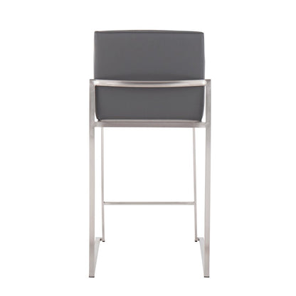 LumiSource Fuji High Back Counter Stool Set of 2 | Contemporary Brushed Stainless Steel and Grey PU | Kitchen Island | Model B26-FUJIHBSSGY2
