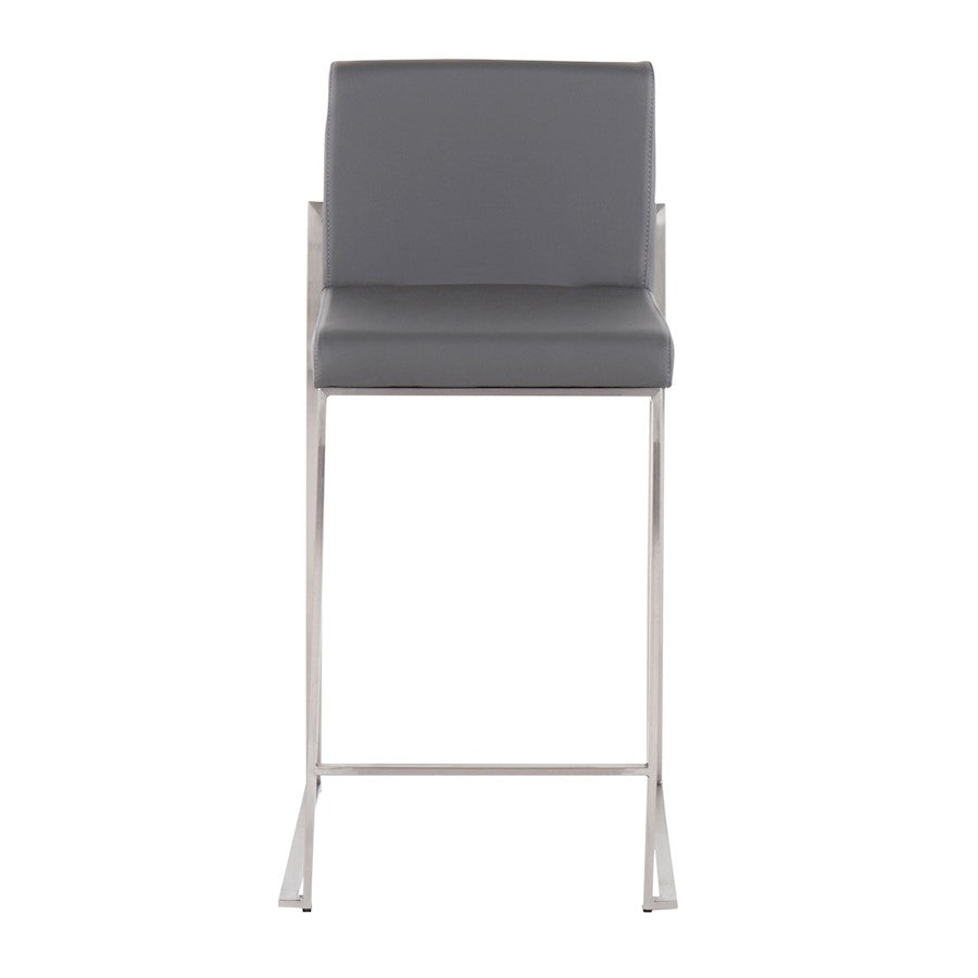 LumiSource Fuji High Back Counter Stool Set of 2 | Contemporary Brushed Stainless Steel and Grey PU | Kitchen Island | Model B26-FUJIHBSSGY2