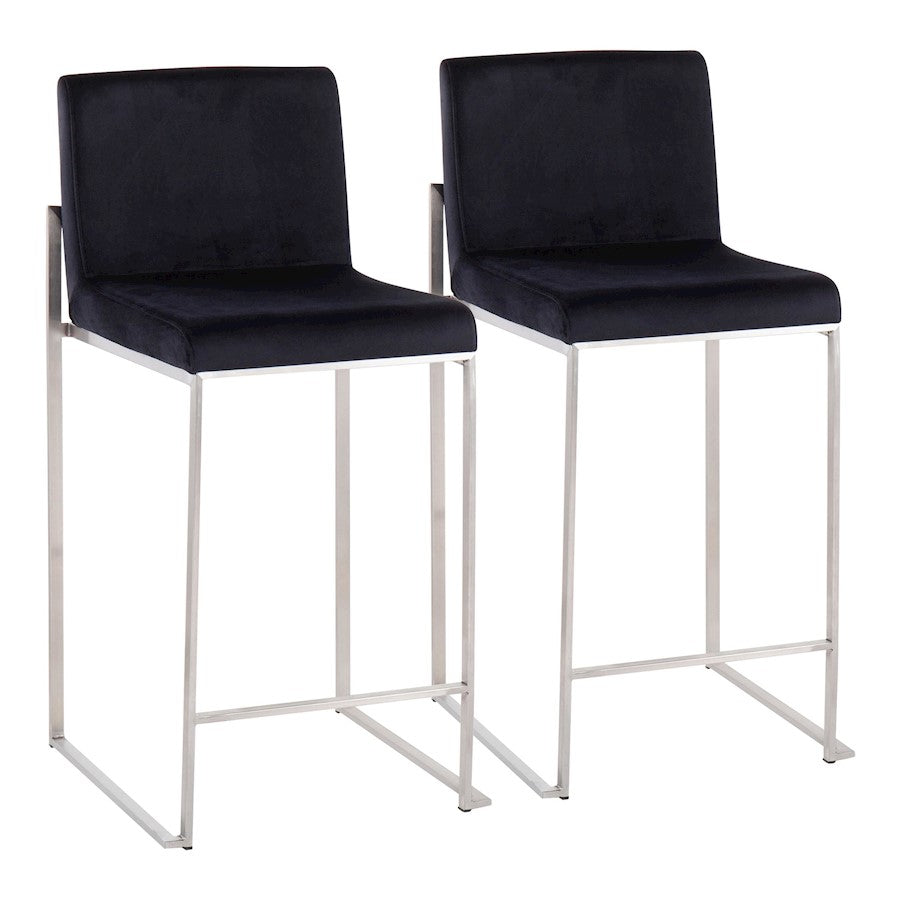 LumiSource Fuji High Back Counter Stool Set of 2 | Contemporary Brushed Stainless Steel and Black Velvet | Kitchen Island | Model B26-FUJIHBSSVBK2
