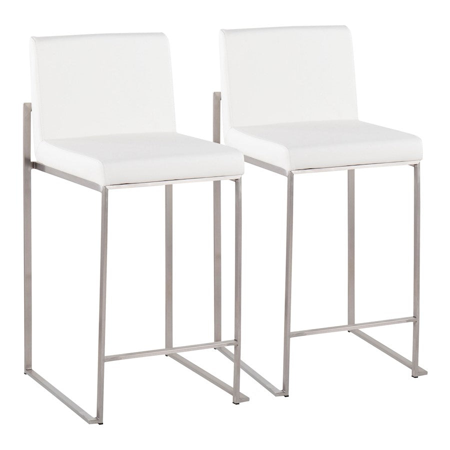 LumiSource Fuji High Back Counter Stool Set of 2 | Contemporary Brushed Stainless Steel and White PU | Kitchen Island | Model B26-FUJIHBSSW2