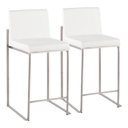 LumiSource Fuji High Back Counter Stool Set of 2 | Contemporary Brushed Stainless Steel and White PU | Kitchen Island | Model B26-FUJIHBSSW2