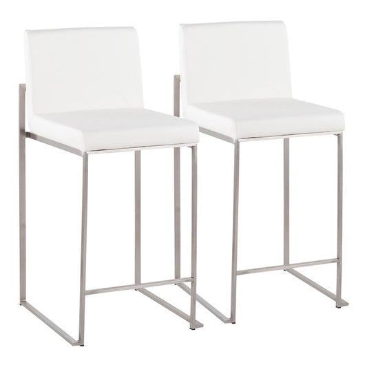 LumiSource Fuji High Back Counter Stool Set of 2 | Contemporary Brushed Stainless Steel and White PU | Kitchen Island | Model B26-FUJIHBSSW2