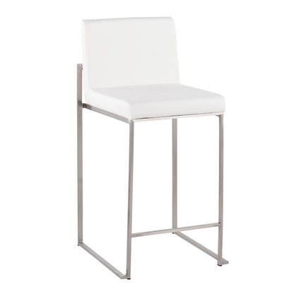 LumiSource Fuji High Back Counter Stool Set of 2 | Contemporary Brushed Stainless Steel and White PU | Kitchen Island | Model B26-FUJIHBSSW2
