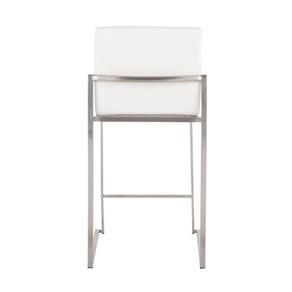 LumiSource Fuji High Back Counter Stool Set of 2 | Contemporary Brushed Stainless Steel and White PU | Kitchen Island | Model B26-FUJIHBSSW2