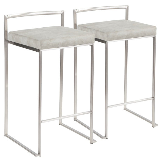 LumiSource Fuji Stackable Counter Stool | Stainless Steel and Light Grey Cowboy Fabric | Kitchen Island & Dining Room Seating | Model B26-FUJILGY2