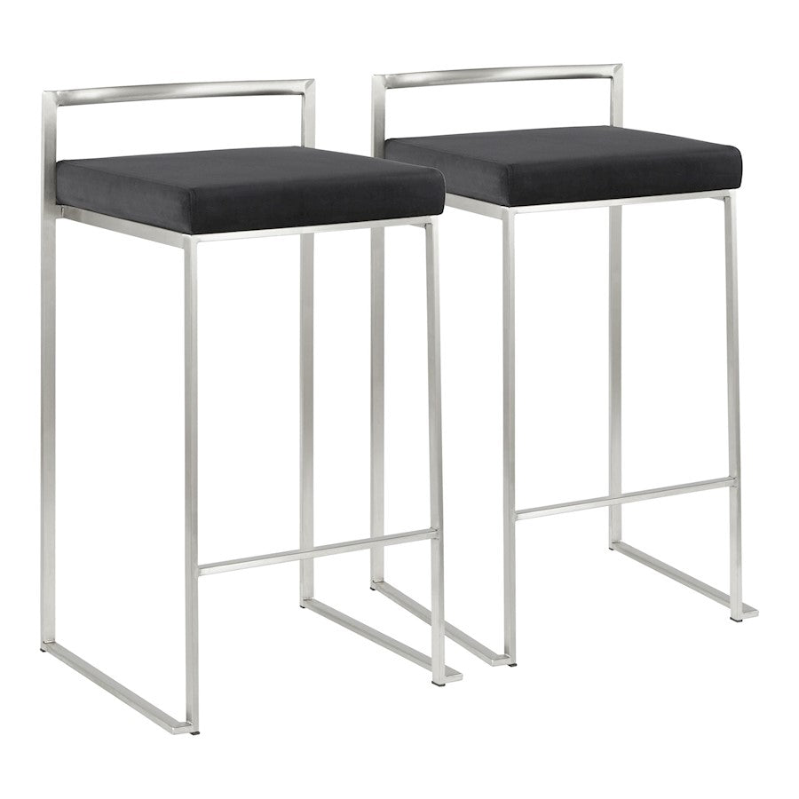 LumiSource Fuji Stackable Counter Stool | Brushed Stainless Steel and Black Velvet | Kitchen Island & Dining Room Seating | Model B26-FUJIVBK2