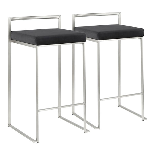 LumiSource Fuji Stackable Counter Stool | Brushed Stainless Steel and Black Velvet | Kitchen Island & Dining Room Seating | Model B26-FUJIVBK2