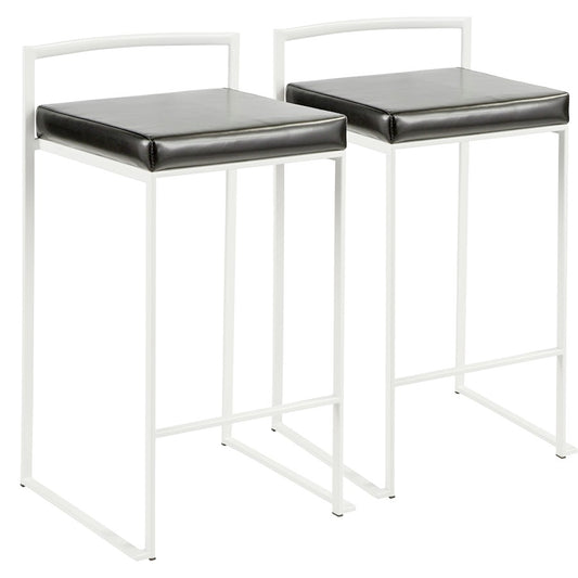 LumiSource Fuji Stackable Counter Stool | White Metal and Black PU Leather | Kitchen Island & Dining Room Seating | Model B26-FUJIW-BK2