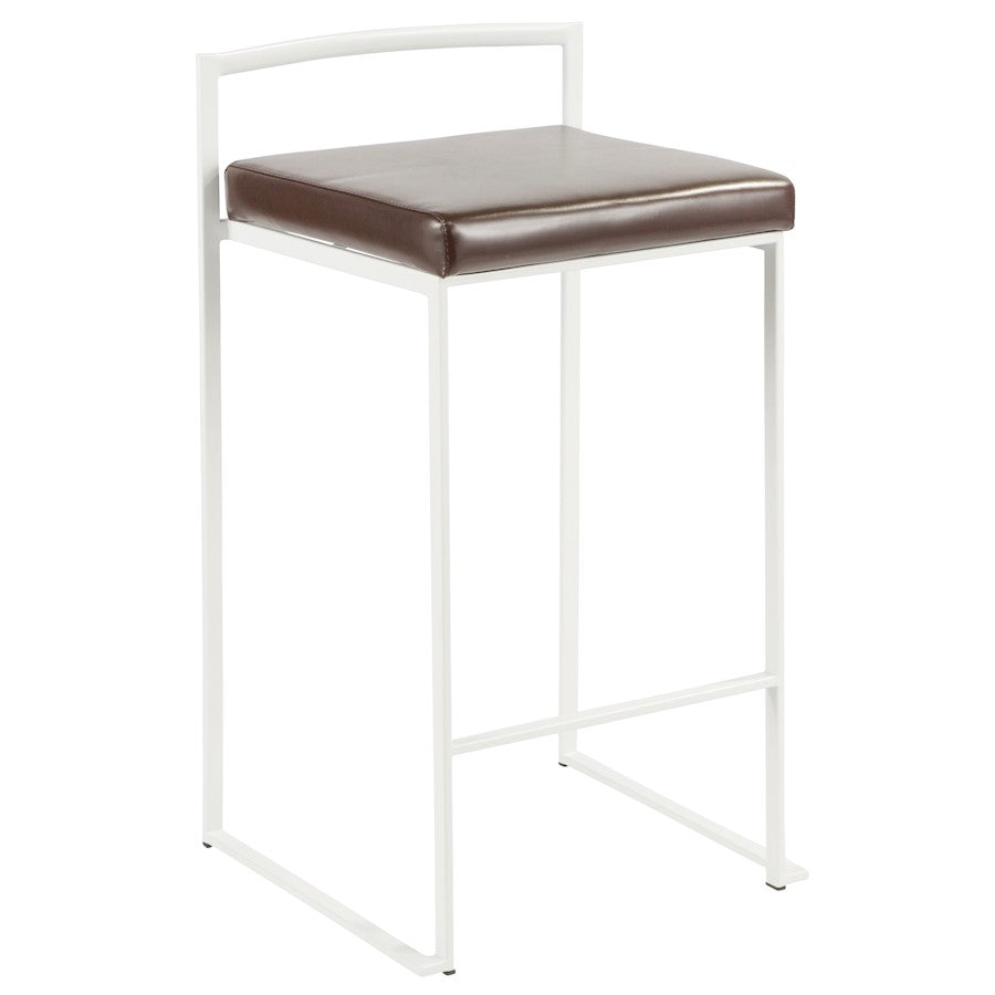 LumiSource Fuji 16in Stackable Counter Stool | White Metal and Brown PU Leather | Kitchen Island & Dining Room Seating | Model B26-FUJIW-BN2