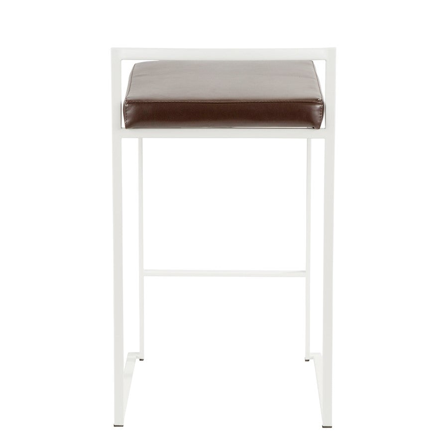 LumiSource Fuji 16in Stackable Counter Stool | White Metal and Brown PU Leather | Kitchen Island & Dining Room Seating | Model B26-FUJIW-BN2