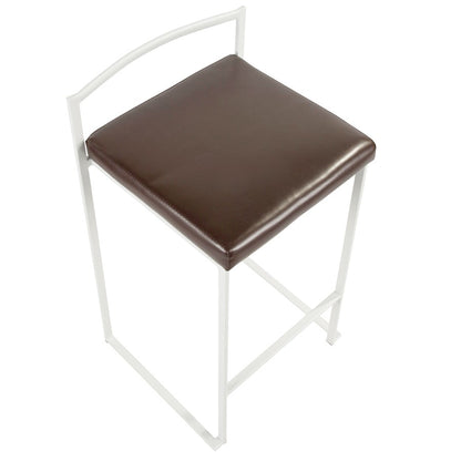 LumiSource Fuji 16in Stackable Counter Stool | White Metal and Brown PU Leather | Kitchen Island & Dining Room Seating | Model B26-FUJIW-BN2