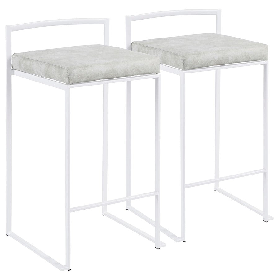 LumiSource Fuji 31in Counter Stool Set of 2 | Contemporary White Metal Frame with Light Grey Cowboy Fabric Seat | Kitchen | Model B26-FUJIW-LGY2