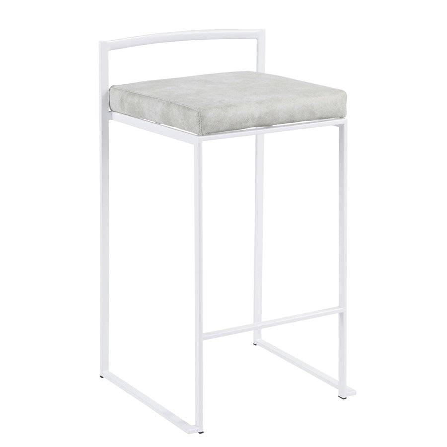 LumiSource Fuji 31in Counter Stool Set of 2 | Contemporary White Metal Frame with Light Grey Cowboy Fabric Seat | Kitchen | Model B26-FUJIW-LGY2