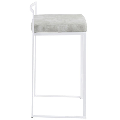 LumiSource Fuji 31in Counter Stool Set of 2 | Contemporary White Metal Frame with Light Grey Cowboy Fabric Seat | Kitchen | Model B26-FUJIW-LGY2