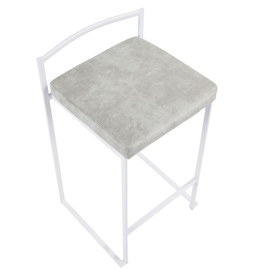 LumiSource Fuji 31in Counter Stool Set of 2 | Contemporary White Metal Frame with Light Grey Cowboy Fabric Seat | Kitchen | Model B26-FUJIW-LGY2