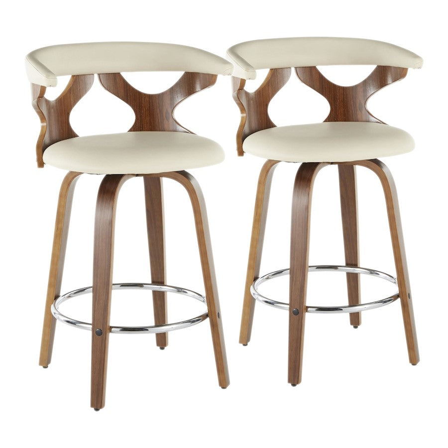 LumiSource Gardenia Counter Stool Set/2 | Mid-Century Walnut, Cream PU, Chrome | Kitchen Island & Breakfast Bar Seating | Model B26-GARD2-SWVRWLCR2