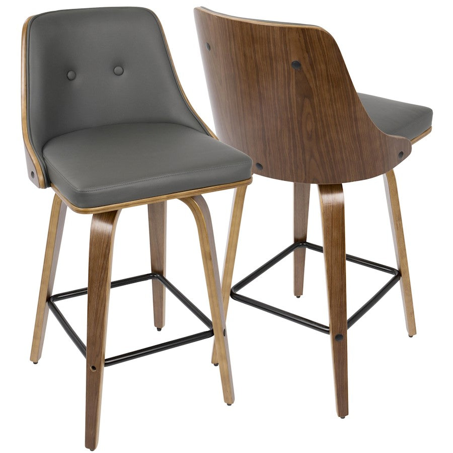 LumiSource Gianna Counter Stool Set/2 | Mid-Century Walnut, Grey PU, Black Metal | Kitchen Island & Breakfast Bar Seating | Model B26-GNN2-SWVXWLGY2
