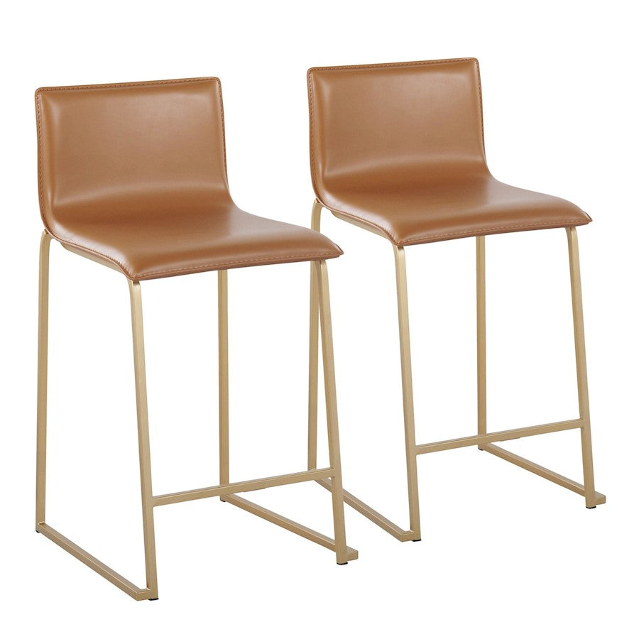 LumiSource Mara Counter Stool Set of 2 | Gold Metal and Camel PU | Kitchen Island & Dining Room Seating | 19 x 17.5 x 34.5 in | Model B26-MARAUPAUCAM2