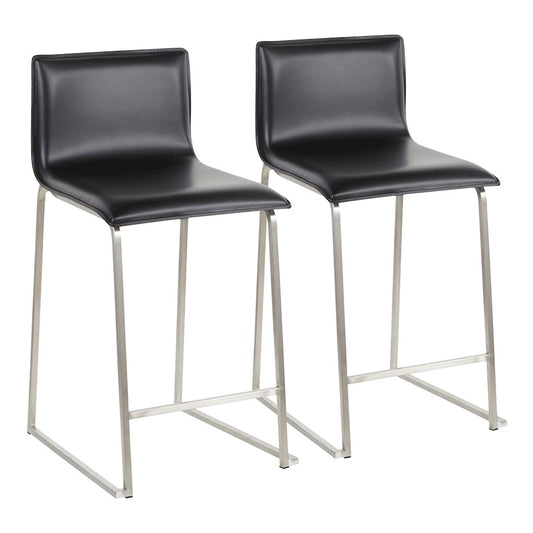 LumiSource Mara 19in Counter Stool Set of 2 | Brushed Stainless Steel and Black PU Faux Leather | Kitchen Island & Dining | Model B26-MARAUPSSBK2