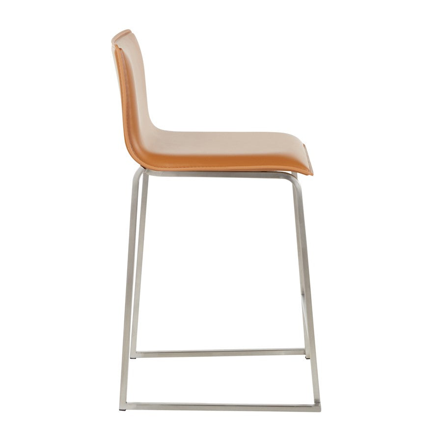 LumiSource Mara 19in Counter Stool Set of 2 | Brushed Stainless Steel and Camel PU Faux Leather | Kitchen Island & Dining | Model B26-MARAUPSSCAM2