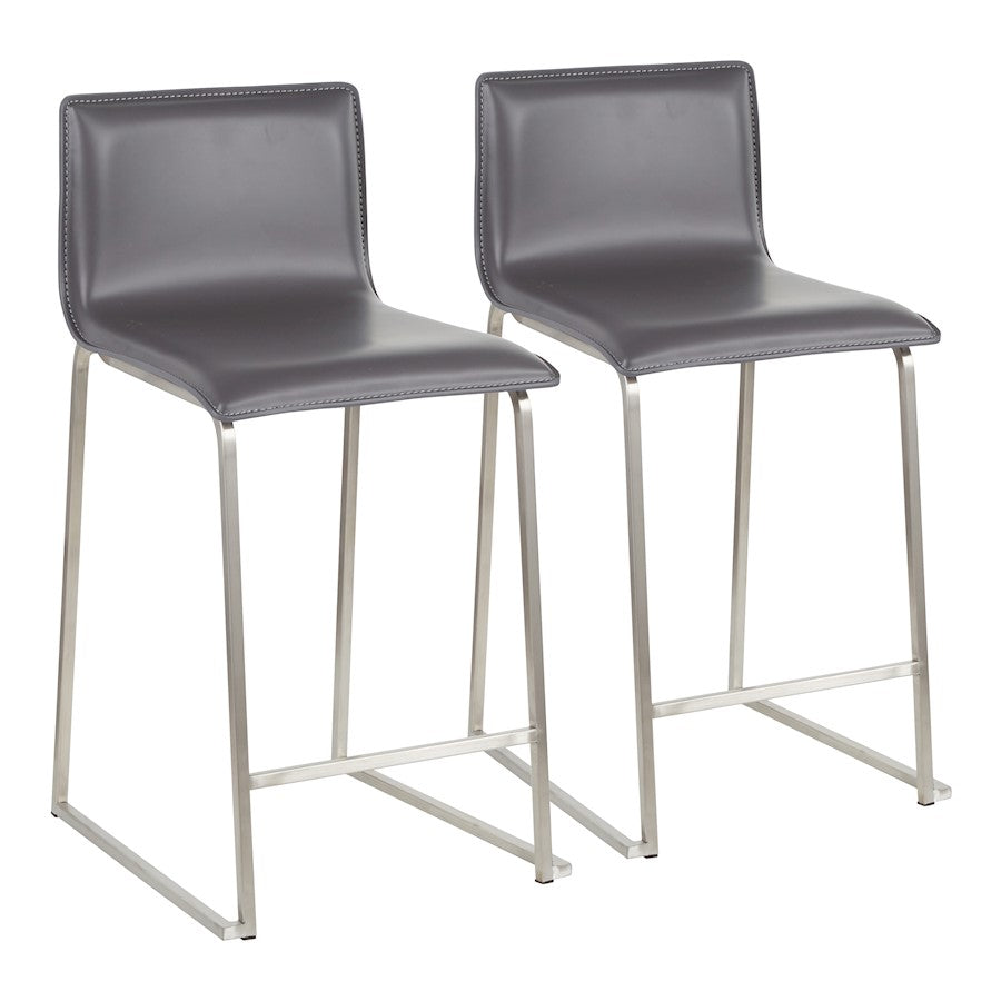 LumiSource Mara 34.5in Counter Stool Set of 2 | Contemporary Grey PU Leather on Brushed Stainless Steel | Kitchen Island | Model B26-MARAUPSSGY2