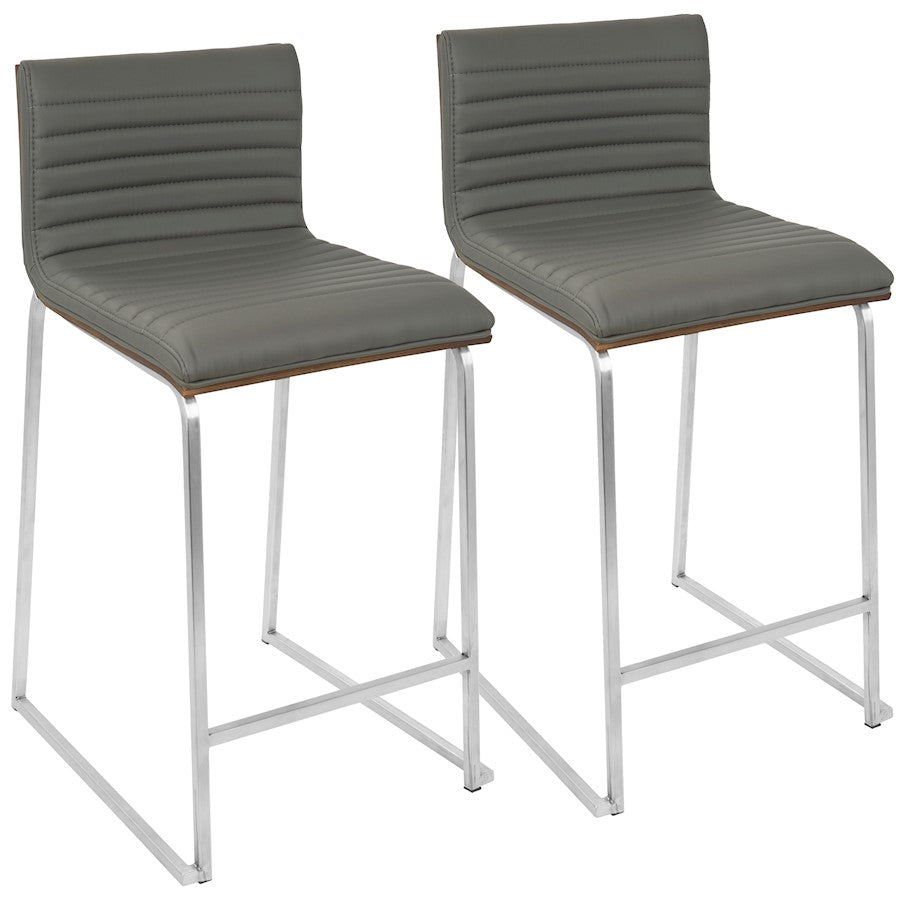 LumiSource Mara 34in Counter Stool Set of 2 | Contemporary Walnut Wood Back with Grey PU Seat on Brushed Stainless Steel | Model B26-MARAWL-GY2