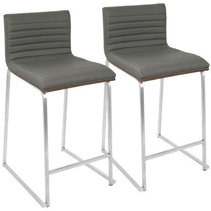 LumiSource Mara 34in Counter Stool Set of 2 | Contemporary Walnut Wood Back with Grey PU Seat on Brushed Stainless Steel | Model B26-MARAWL-GY2