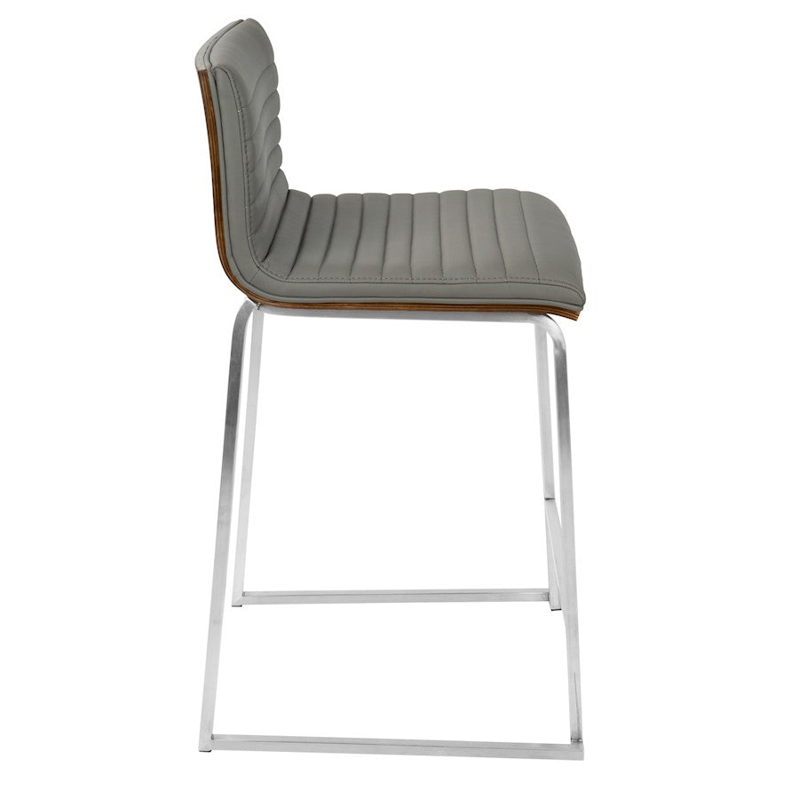 LumiSource Mara 34in Counter Stool Set of 2 | Contemporary Walnut Wood Back with Grey PU Seat on Brushed Stainless Steel | Model B26-MARAWL-GY2