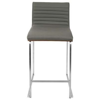 LumiSource Mara 34in Counter Stool Set of 2 | Contemporary Walnut Wood Back with Grey PU Seat on Brushed Stainless Steel | Model B26-MARAWL-GY2
