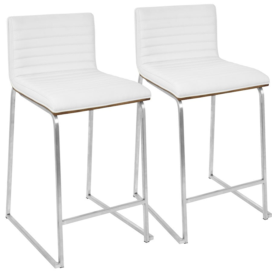 LumiSource Mara 34in Counter Stool Set of 2 | Contemporary Walnut Wood Back with White PU Seat on Brushed Stainless Steel | Model B26-MARAWL-W2
