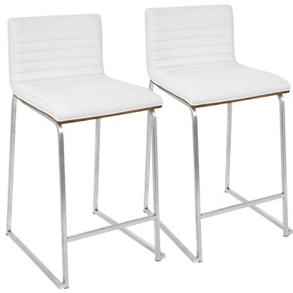 LumiSource Mara 34in Counter Stool Set of 2 | Contemporary Walnut Wood Back with White PU Seat on Brushed Stainless Steel | Model B26-MARAWL-W2