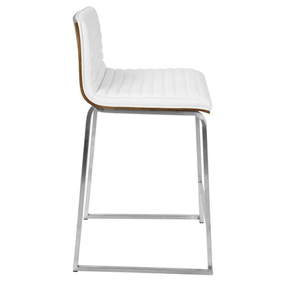 LumiSource Mara 34in Counter Stool Set of 2 | Contemporary Walnut Wood Back with White PU Seat on Brushed Stainless Steel | Model B26-MARAWL-W2