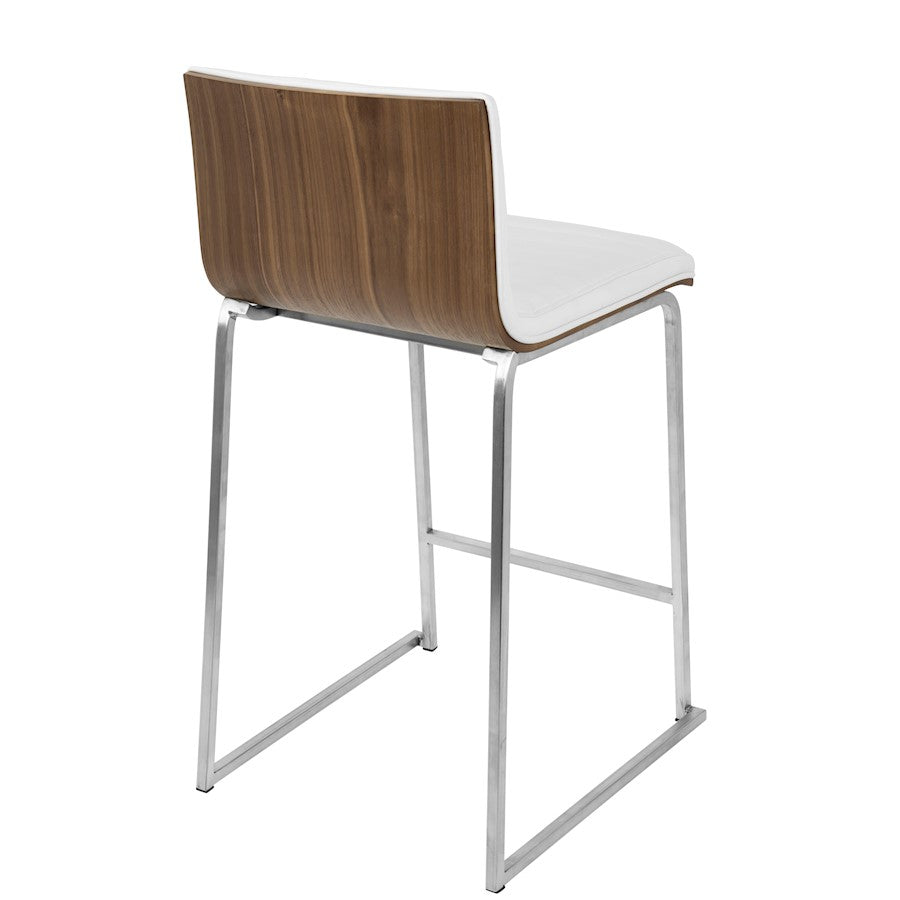 LumiSource Mara 34in Counter Stool Set of 2 | Contemporary Walnut Wood Back with White PU Seat on Brushed Stainless Steel | Model B26-MARAWL-W2