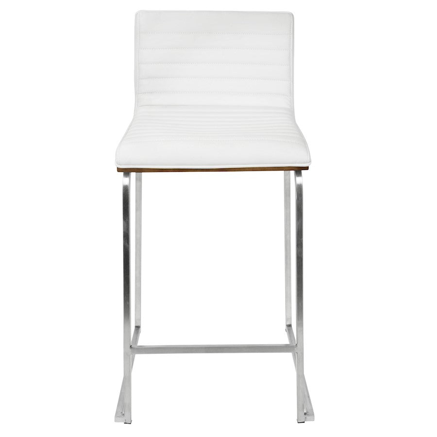 LumiSource Mara 34in Counter Stool Set of 2 | Contemporary Walnut Wood Back with White PU Seat on Brushed Stainless Steel | Model B26-MARAWL-W2