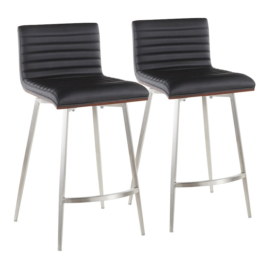 LumiSource Mason Swivel Counter Stool | Brushed Stainless Steel and Walnut Wood with Black PU | Kitchen Island & Bar Seating | Model B26-MSNSWWLBK2