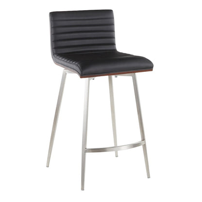 LumiSource Mason Swivel Counter Stool | Brushed Stainless Steel and Walnut Wood with Black PU | Kitchen Island & Bar Seating | Model B26-MSNSWWLBK2
