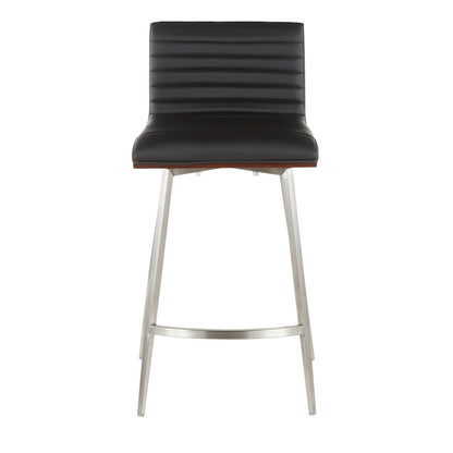 LumiSource Mason Swivel Counter Stool | Brushed Stainless Steel and Walnut Wood with Black PU | Kitchen Island & Bar Seating | Model B26-MSNSWWLBK2