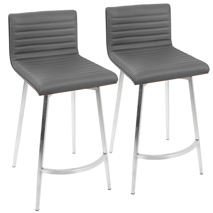LumiSource Mason Swivel Counter Stool Set/2 | Grey PU Tufted Seat, Walnut Wood Back, Stainless Steel Base | Kitchen Island | Model B26-MSNSWWLGY2