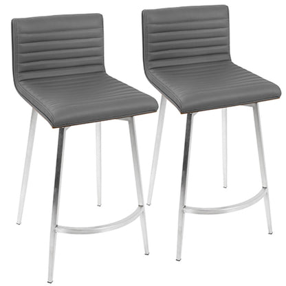 LumiSource Mason Swivel Counter Stool Set/2 | Grey PU Tufted Seat, Walnut Wood Back, Stainless Steel Base | Kitchen Island | Model B26-MSNSWWLGY2