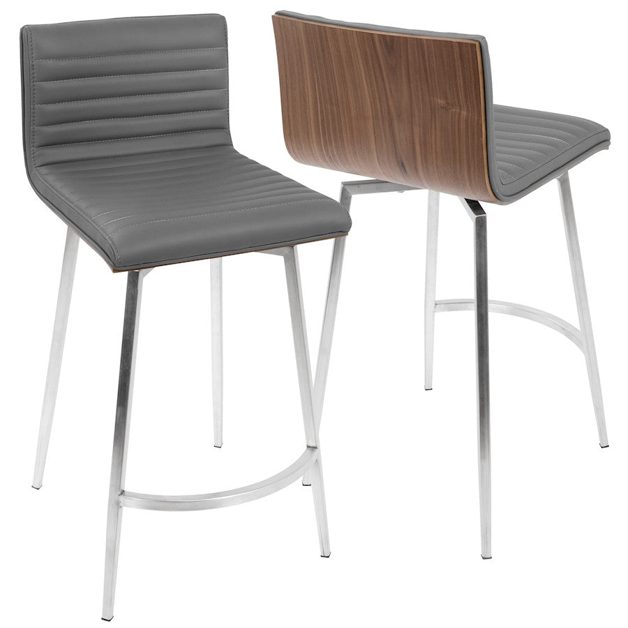 LumiSource Mason Swivel Counter Stool Set/2 | Grey PU Tufted Seat, Walnut Wood Back, Stainless Steel Base | Kitchen Island | Model B26-MSNSWWLGY2