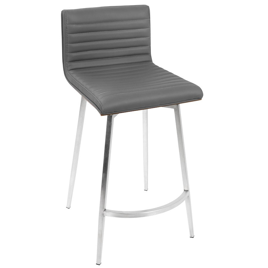 LumiSource Mason Swivel Counter Stool Set/2 | Grey PU Tufted Seat, Walnut Wood Back, Stainless Steel Base | Kitchen Island | Model B26-MSNSWWLGY2