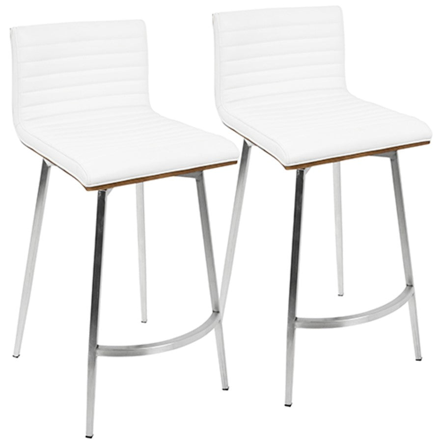 LumiSource Mason Swivel Counter Stool Set/2 | White PU Tufted Seat, Walnut Wood Back, Stainless Steel Base | Kitchen Island | Model B26-MSNSWWLW2