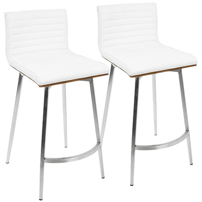 LumiSource Mason Swivel Counter Stool Set/2 | White PU Tufted Seat, Walnut Wood Back, Stainless Steel Base | Kitchen Island | Model B26-MSNSWWLW2