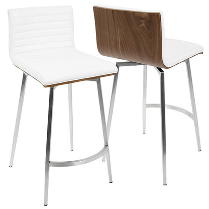 LumiSource Mason Swivel Counter Stool Set/2 | White PU Tufted Seat, Walnut Wood Back, Stainless Steel Base | Kitchen Island | Model B26-MSNSWWLW2