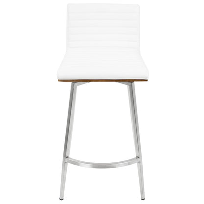 LumiSource Mason Swivel Counter Stool Set/2 | White PU Tufted Seat, Walnut Wood Back, Stainless Steel Base | Kitchen Island | Model B26-MSNSWWLW2