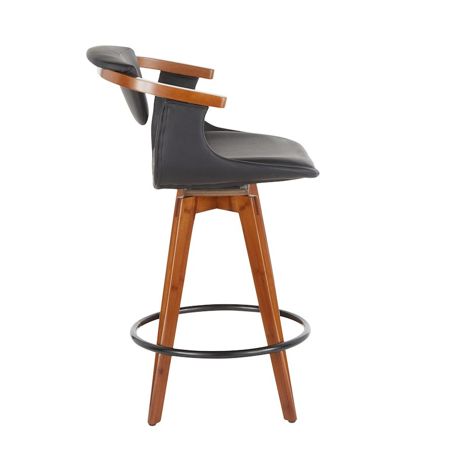 LumiSource Oracle Swivel Counter Stool | Walnut Bamboo Frame, Black PU Seat, Black Metal Legs | Mid-Century Modern Kitchen | Model B26-ORACLEWLBK