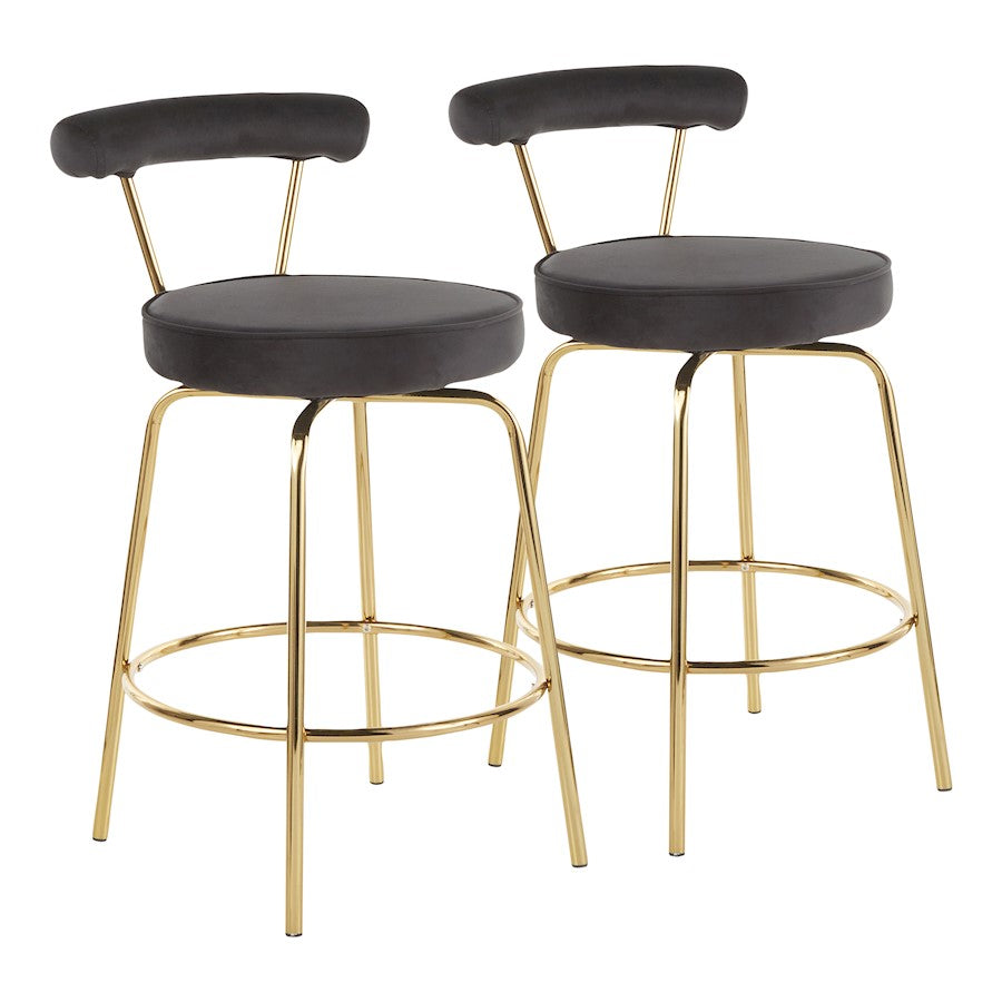 LumiSource Rhonda Counter Stool Set of 2 | Gold Metal & Black Velvet | Art Deco Glam Kitchen & Bar Seating | 25.5in Seat | Model B26-RHONDAAUBK2