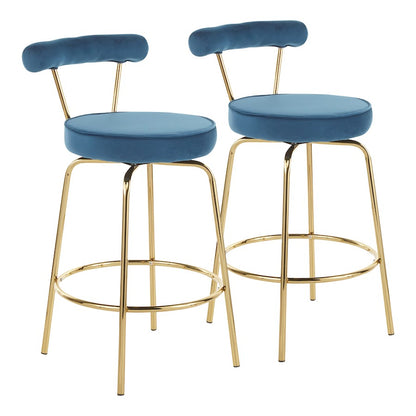 LumiSource Rhonda Counter Stool Set of 2 | Gold Metal & Blue Velvet | Art Deco Glam Kitchen & Bar Seating | 25.5in Seat Height | Model B26-RHONDAAUBU2